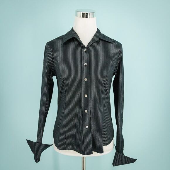 Lafayette 148 Size 2 Black Silver Stripe Collared Button Front Long Sleeve Top - Picture 1 of 7